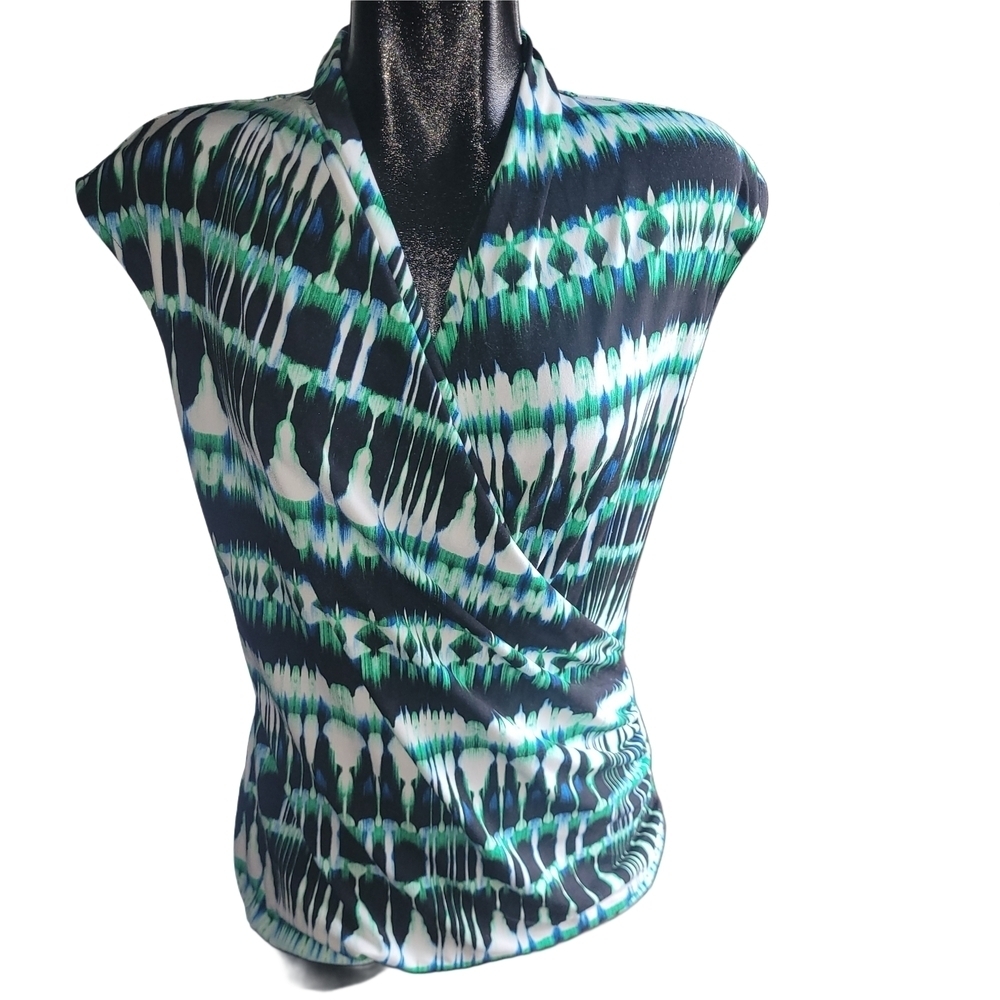 Chaus Green and Black Abstract Short Sleeve Top L